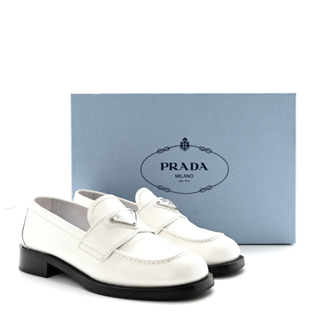 Prada Spazzolato Metal Triangle Logo 20mm Women's Loafers White