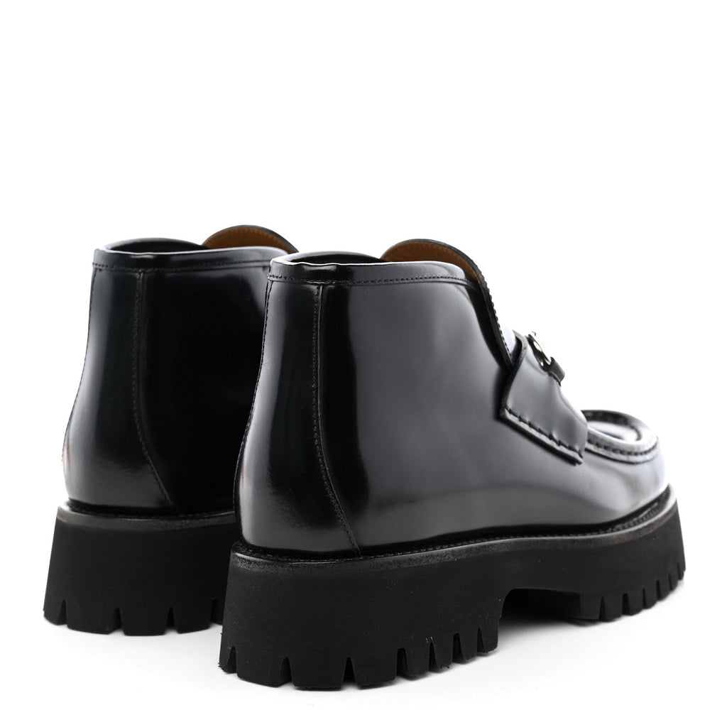 Gucci Cordovan Lux Calfskin Women's Horsebit Platform Ankle Boots 38.5 Black