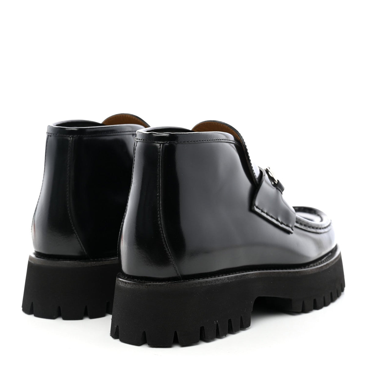 Gucci Cordovan Lux Calfskin Women's Horsebit Platform Ankle Boots 38.5 Black