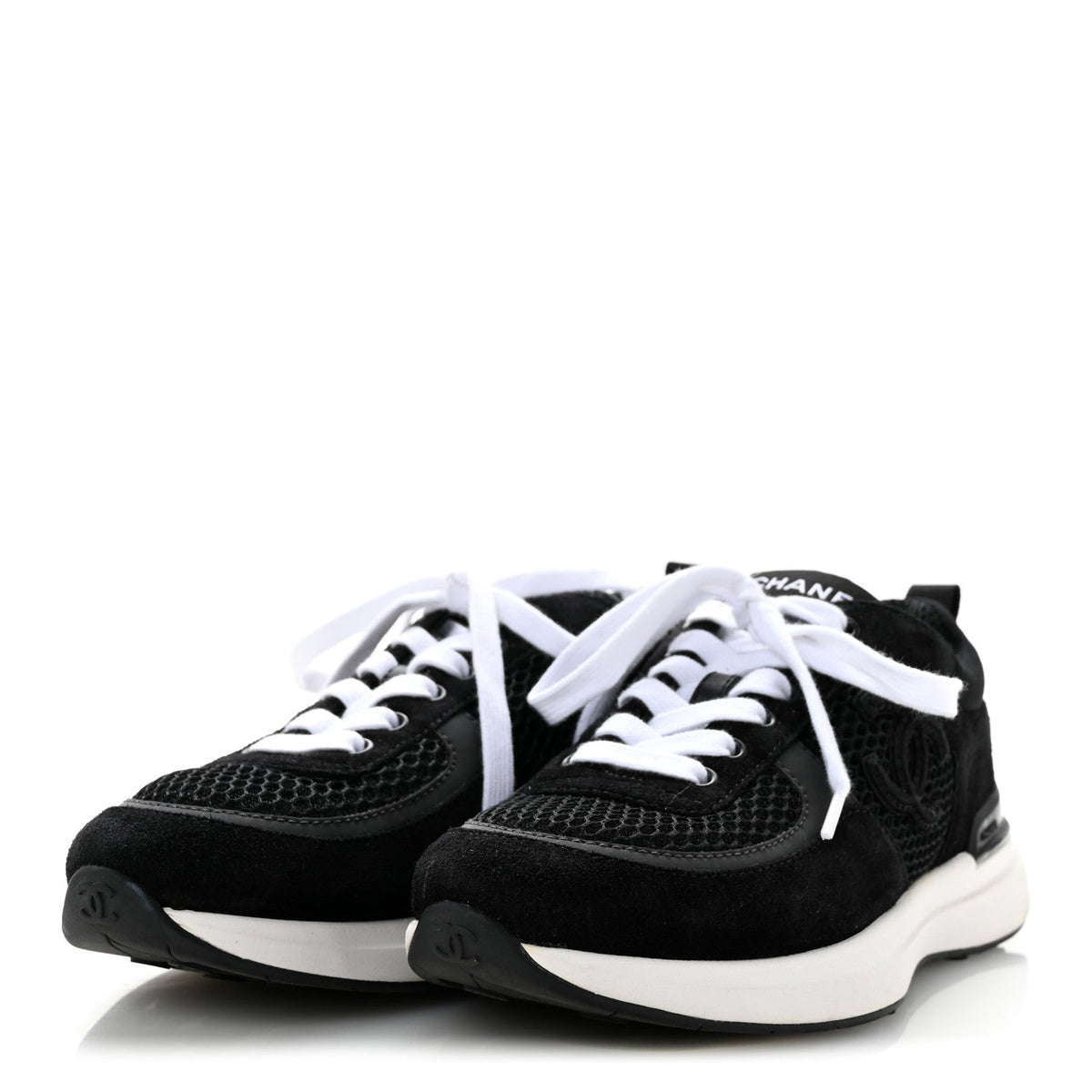Chanel Calfskin Mesh Lycra Suede Women's Logo Sneakers 36 Black