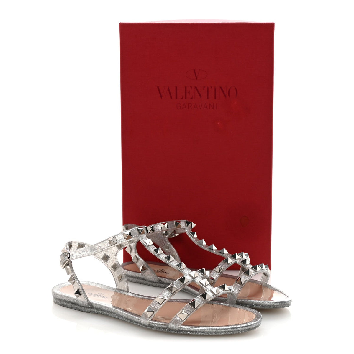 Valentino Garavani PVC Jelly Women's Glitter Rockstud Caged Flat Thong Sandals 36 Silver