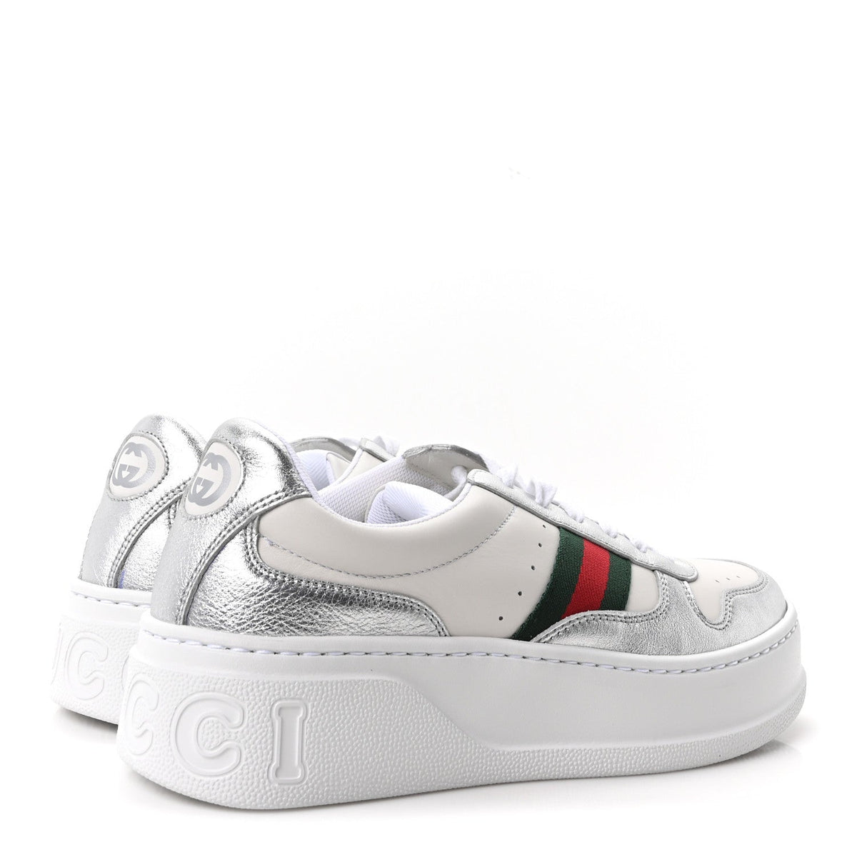 Gucci Metallic Nappa Web Women's Chunky Sneakers 38 Silver