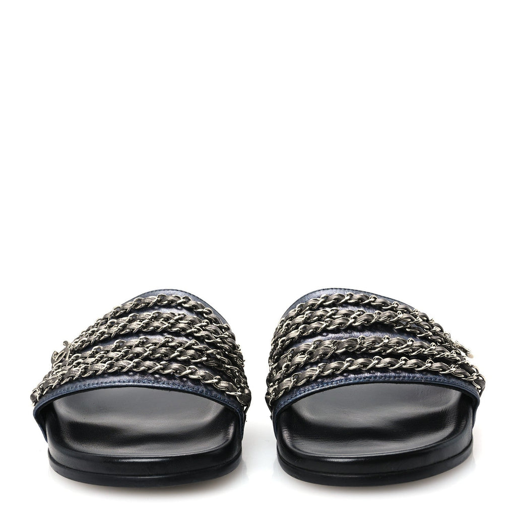 Chanel Lambskin Women's Fantasy Chain Flat Sandals 40 Dark Blue