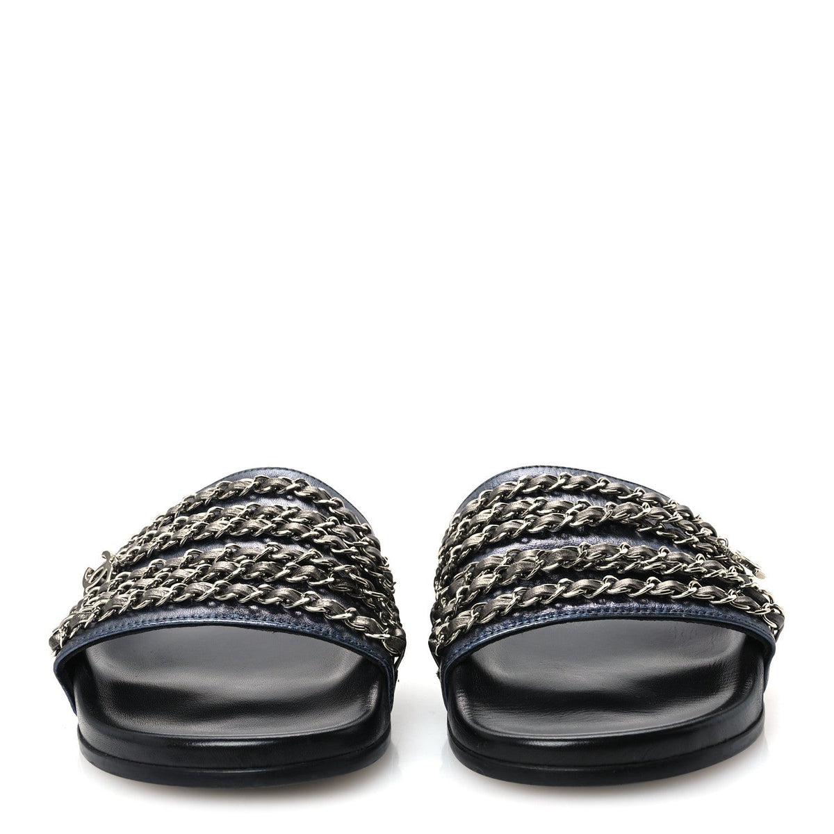 Chanel Lambskin Women's Fantasy Chain Flat Sandals 40 Dark Blue