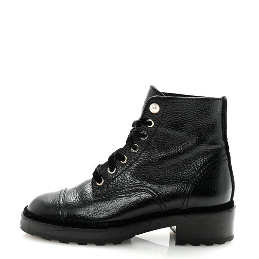 Chanel Shiny Calfskin Velvet Pearl Women's Combat Short Boots 38.5 Black