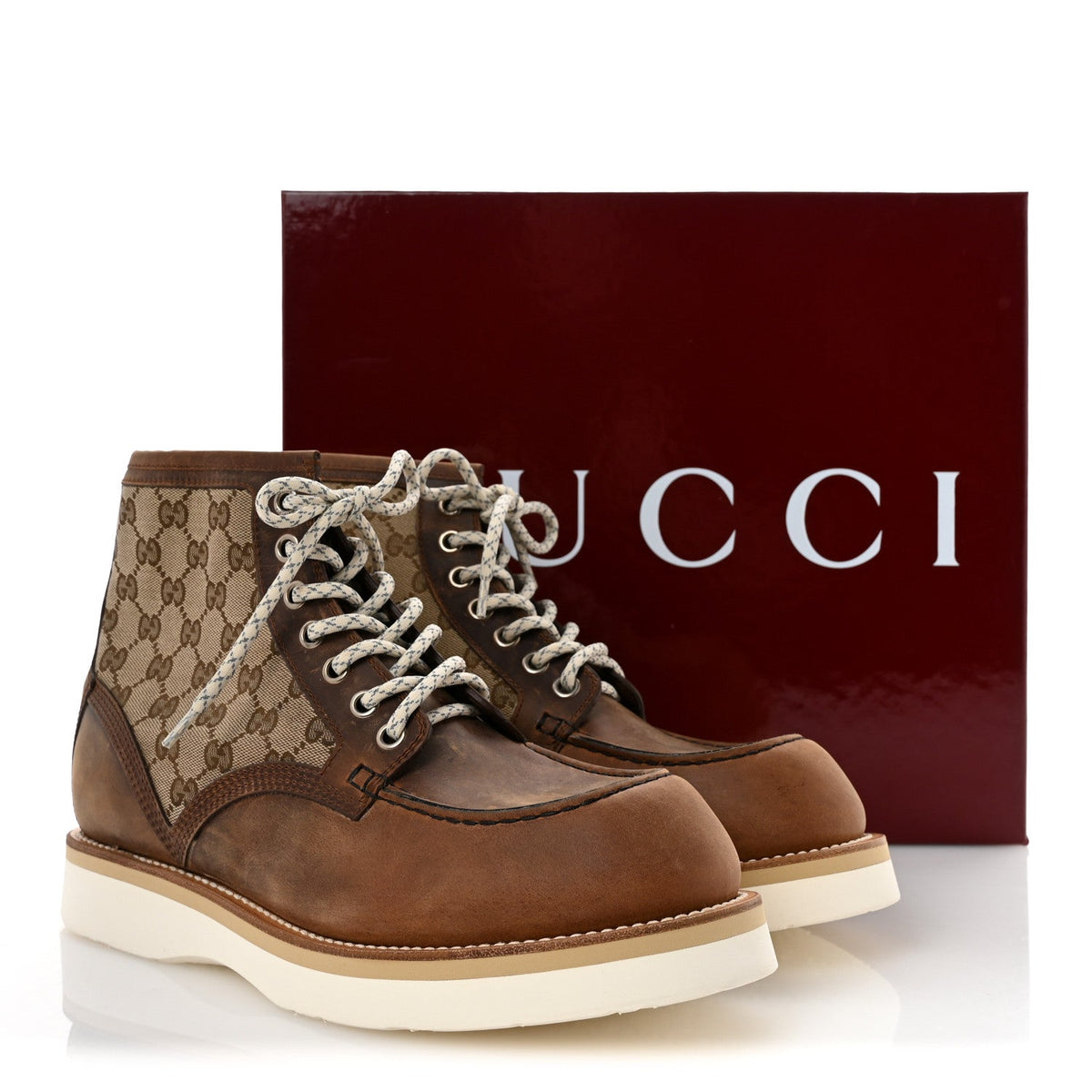 Gucci Calfskin Monogram Men's Garrett Ala Boots 10.5 Beige Ebony Cuir