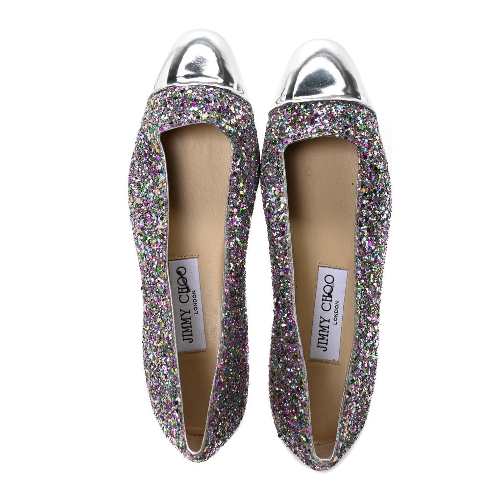 Jimmy Choo Patent Calfskin Glitter Women's Watson Flats 36 Silver Multicolor