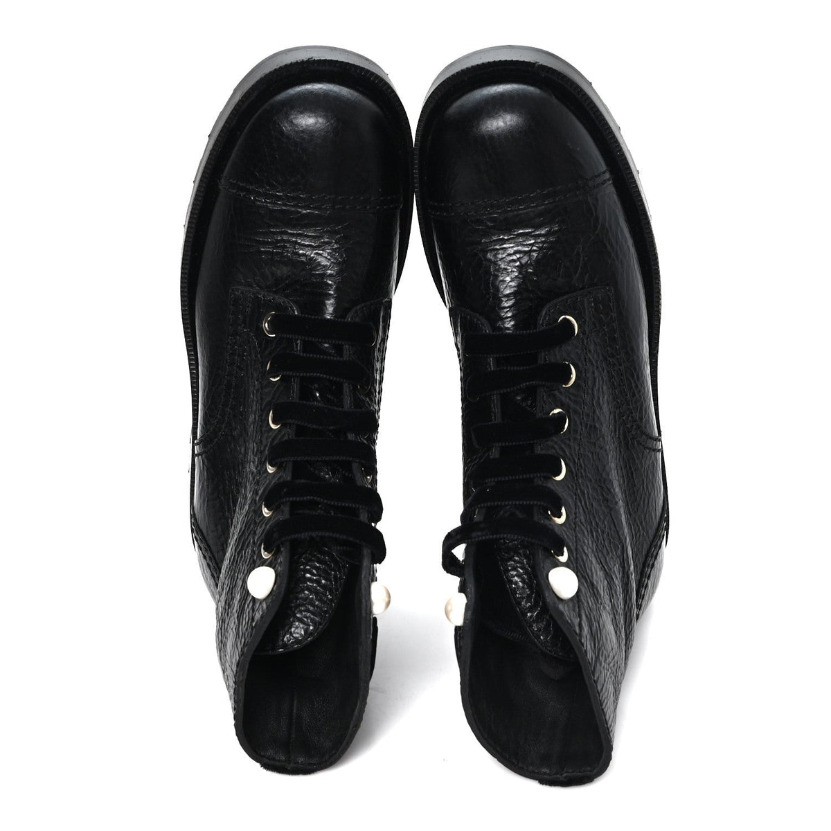 Chanel Shiny Calfskin Velvet Women's Pearl Combat Short Boots 37.5 Black