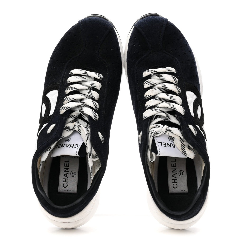 Chanel Fabric Suede Kidskin Women's CC Sneakers 41 Dark Navy White