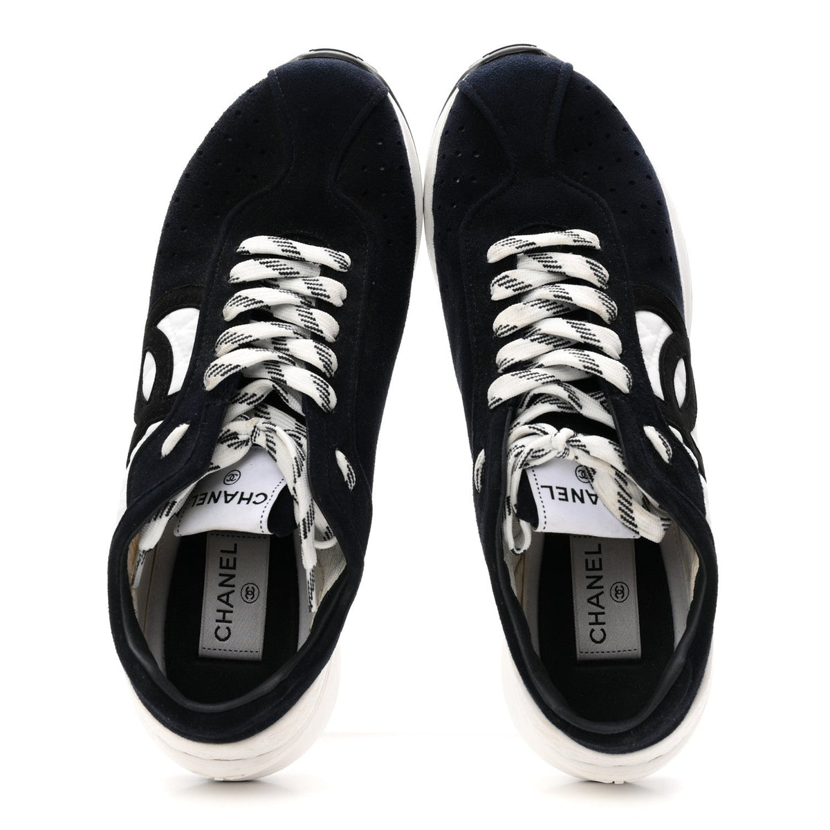 Chanel Fabric Suede Kidskin Women's CC Sneakers 41 Dark Navy White