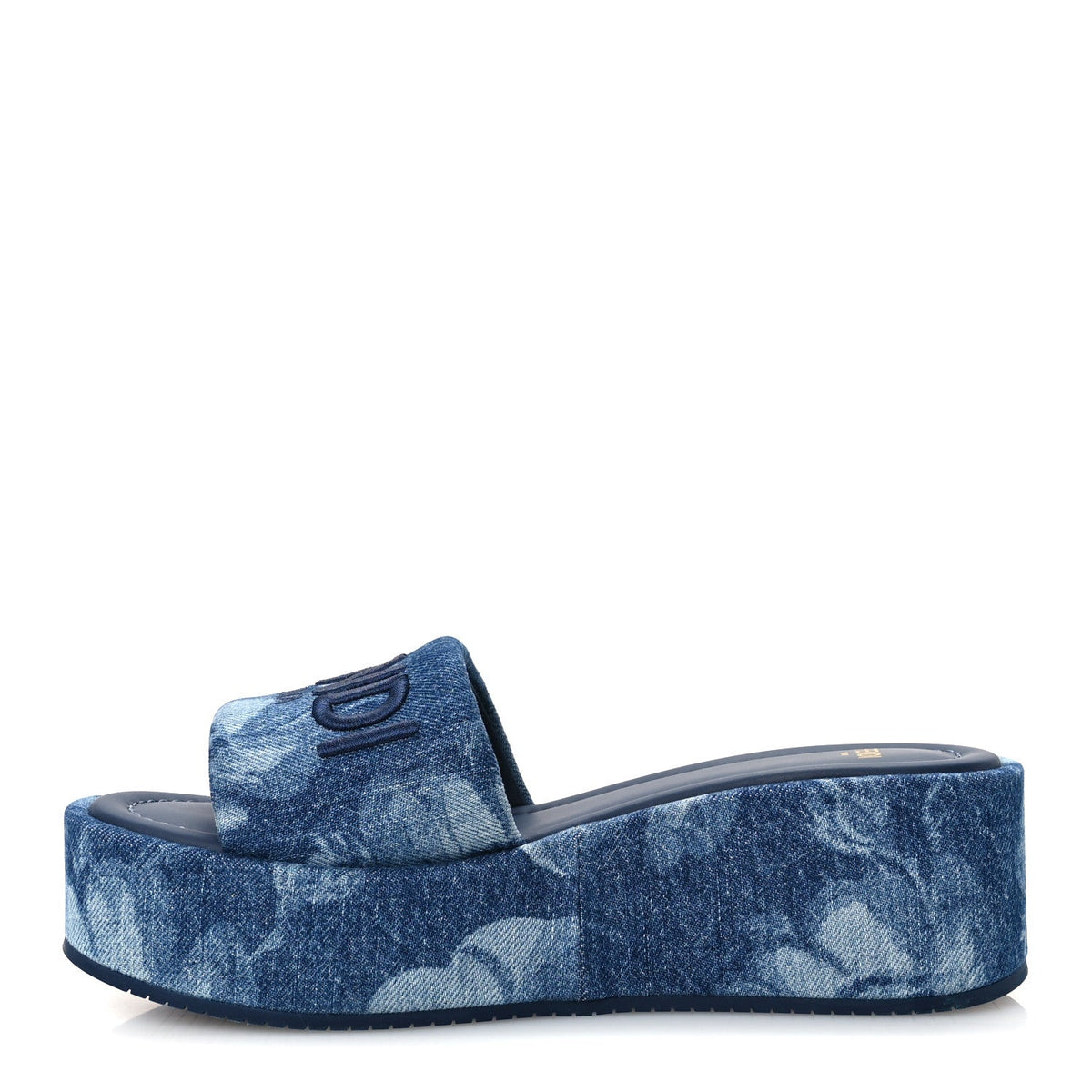Fendi Denim Women's Sea Garden Logo Sunshine Flatform Slide Sandals 37 Blue
