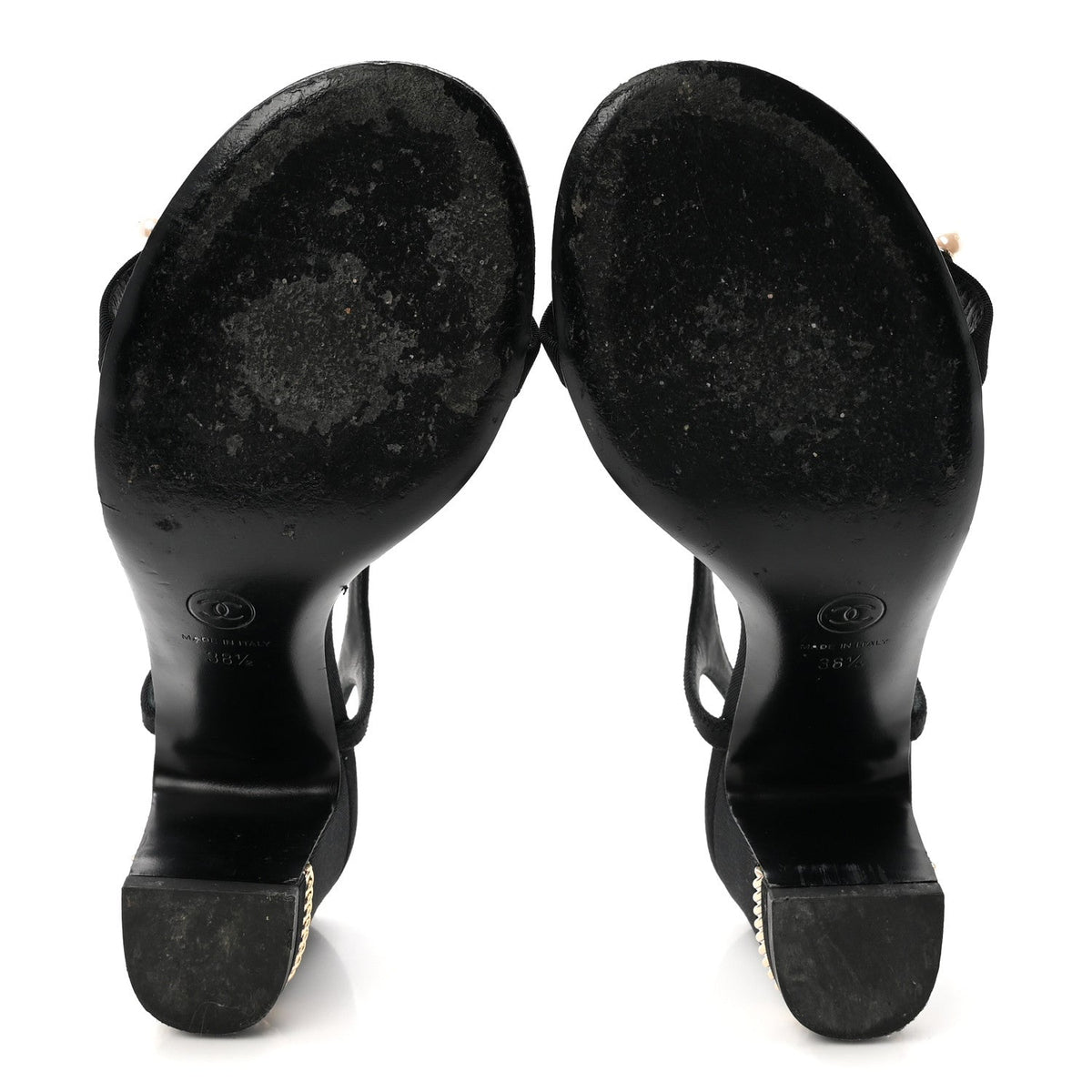 Chanel Grosgrain Pearl Chain Women's CC Sandals 38.5 Black