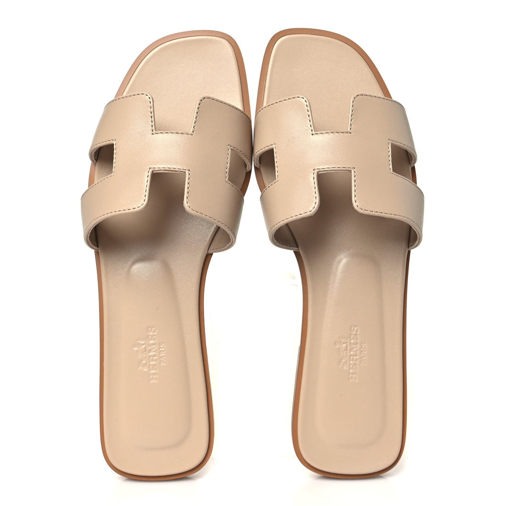 Hermes Box Calfskin Women's Oran Sandals 37.5 Beige Nude