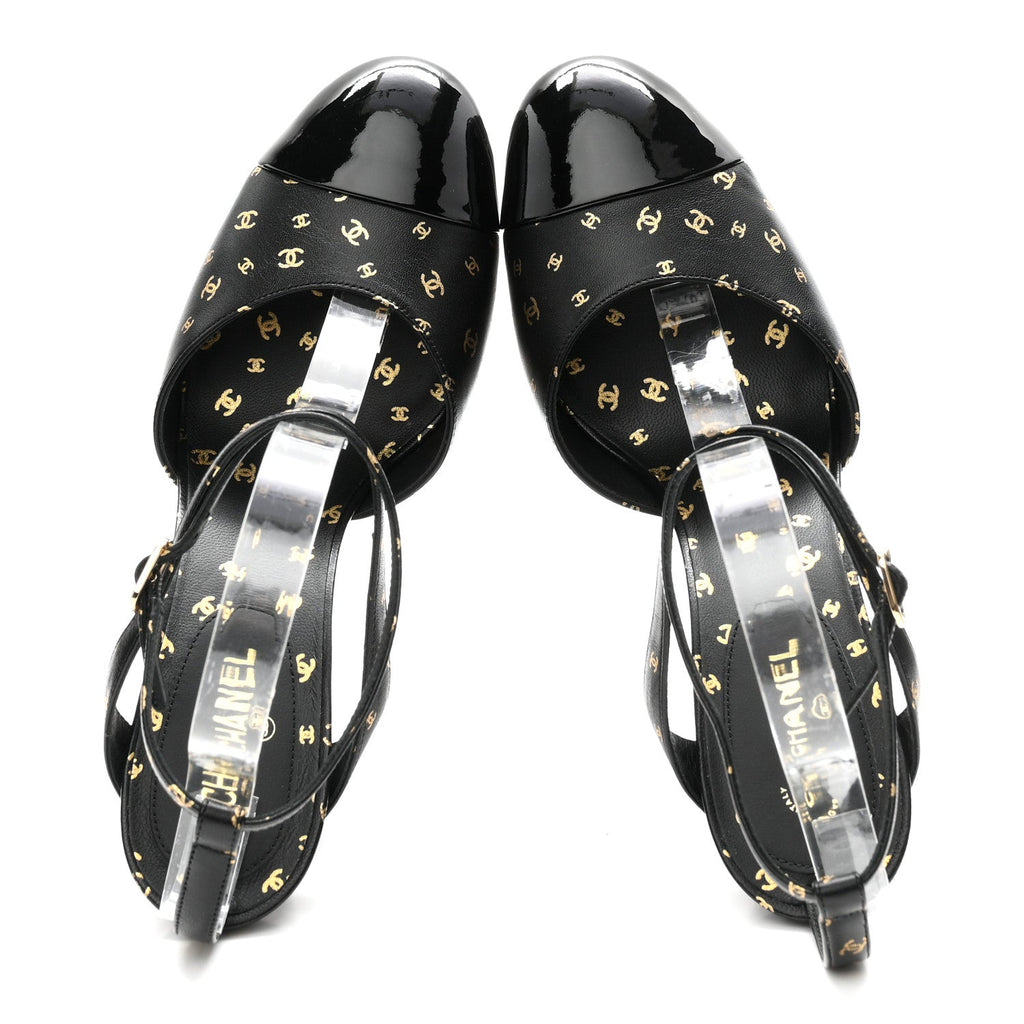 Chanel Printed Lambskin Patent Calfskin Women's CC Platform Pumps 39.5 Black Gold