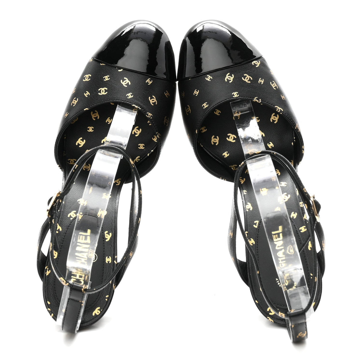 Chanel Printed Lambskin Patent Calfskin Women's CC Platform Pumps 39.5 Black Gold