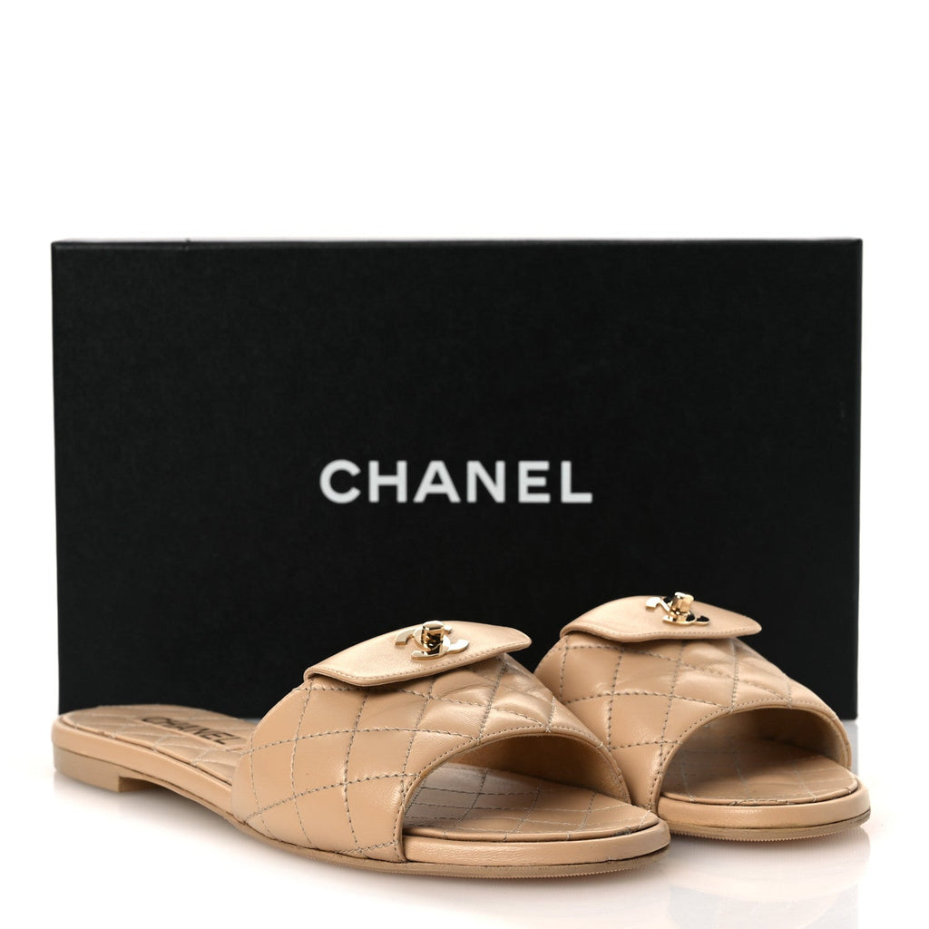 Chanel Lambskin Women's Quilted CC Turnlock Sandals 39 Beige