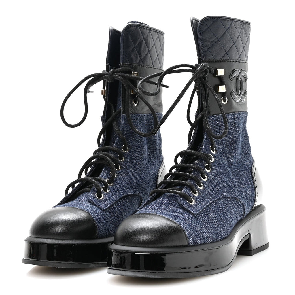 Chanel Fabric Patent Lambskin Women's Quilted CC Lace Up Combat Boots 36.5 Navy Blue Black
