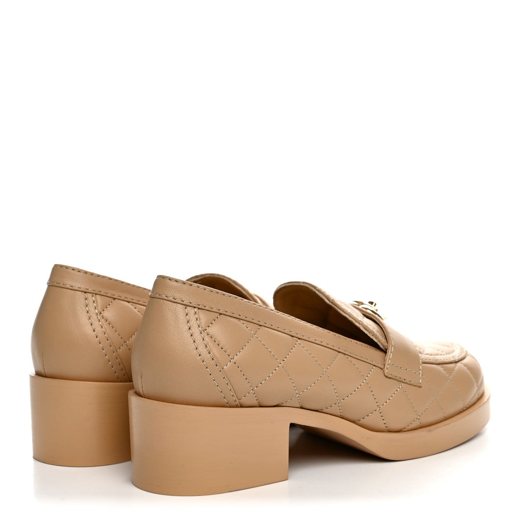 Chanel Lambskin Quilted Women's CC Heart Loafers 37 Beige