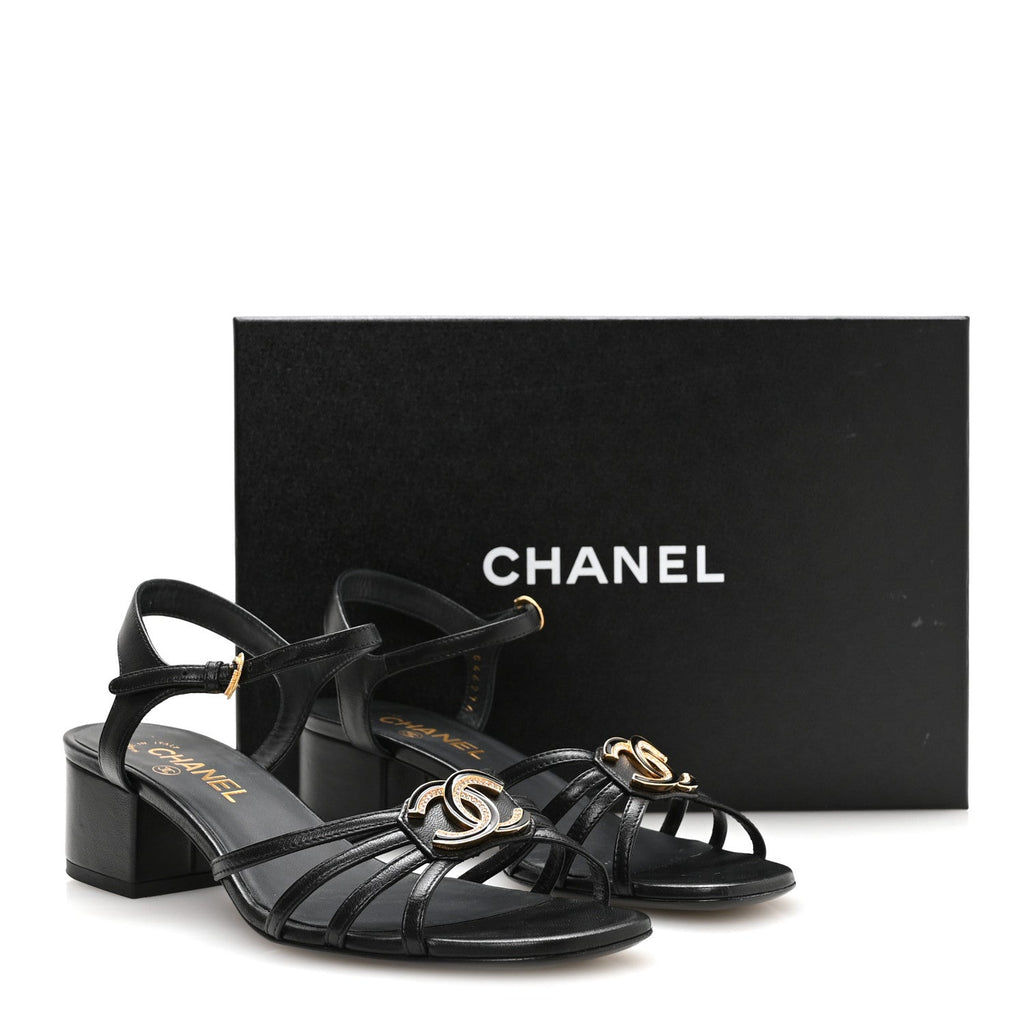 Chanel Lambskin Crystal CC Women's Sandals 37.5 Black