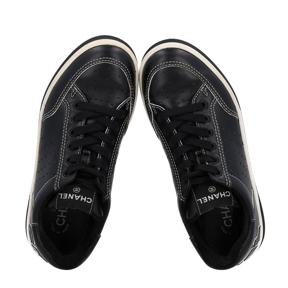 Chanel Calfskin Women's Logo Sneakers 38 Black White