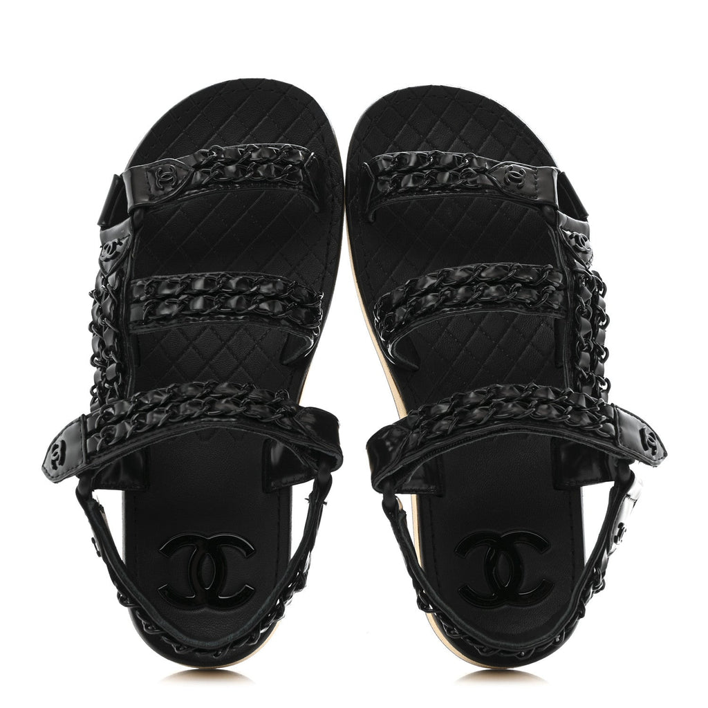 Chanel Laminated Goatskin Women's Chain Sandals 35 Black