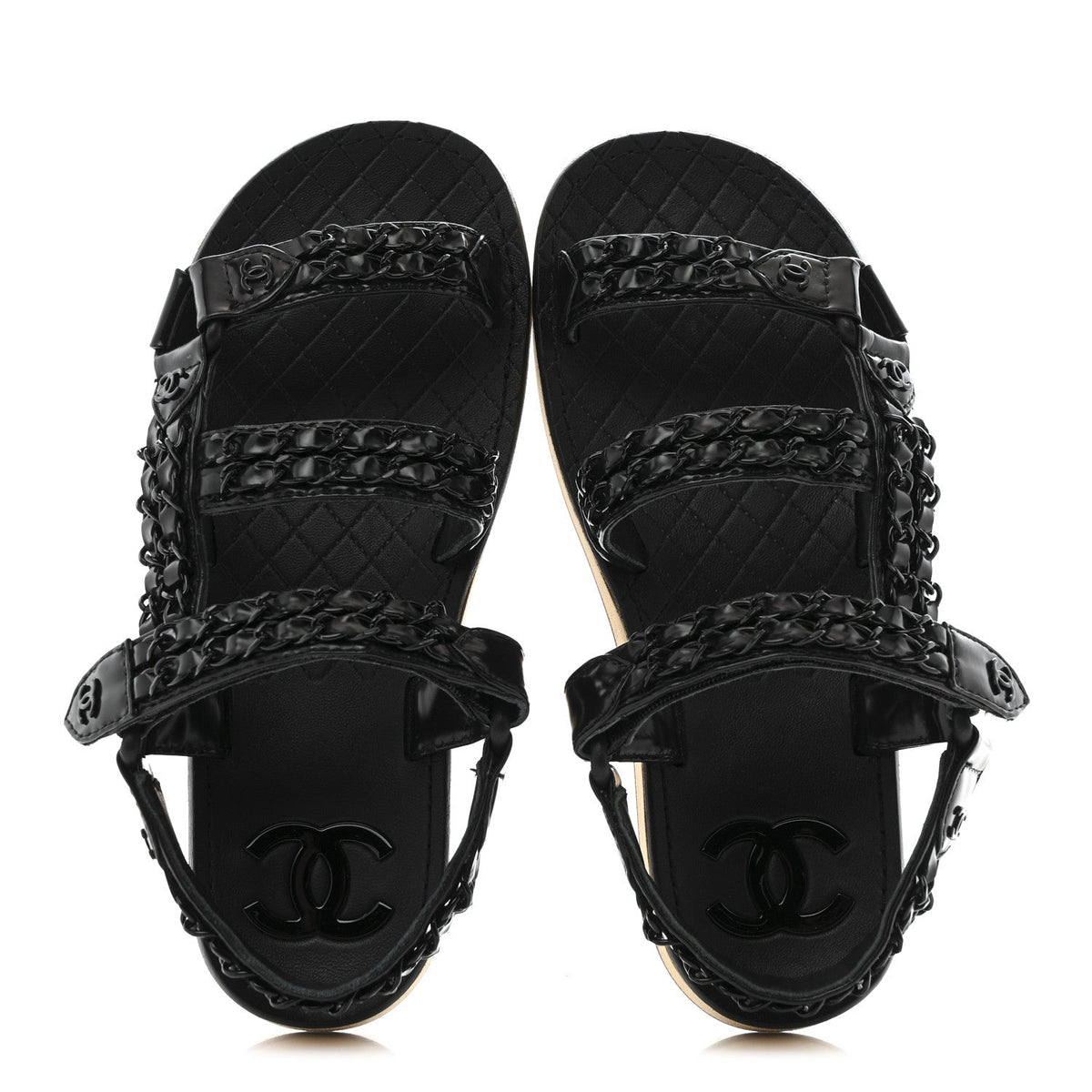 Chanel Laminated Goatskin Women's Chain Sandals 35 Black