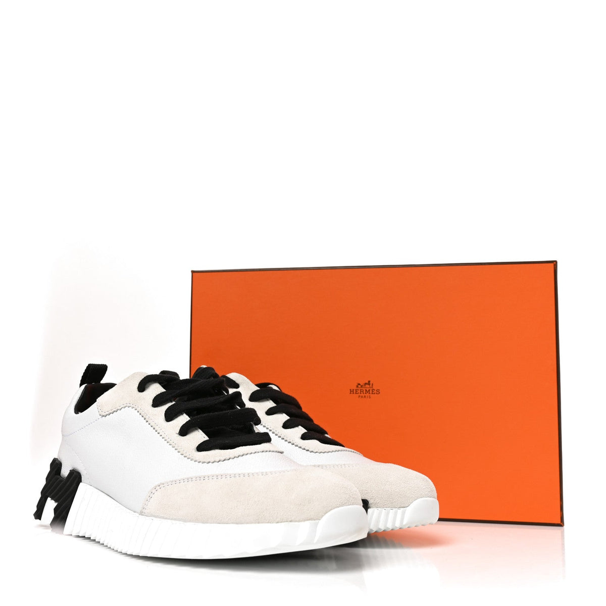 Hermes Calfskin Suede Goatskin Women's Bouncing Sneakers 37.5 White Black