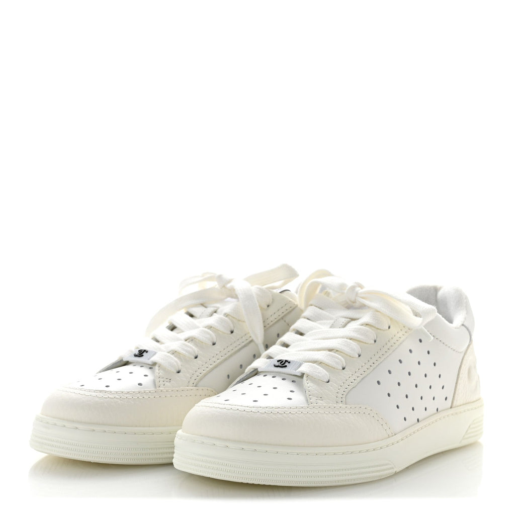 Chanel Grained Calfskin Fabric Women's Logo Sneakers 37.5 White
