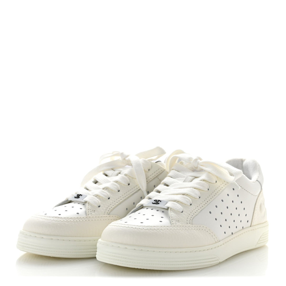 Chanel Grained Calfskin Fabric Women's Logo Sneakers 37.5 White