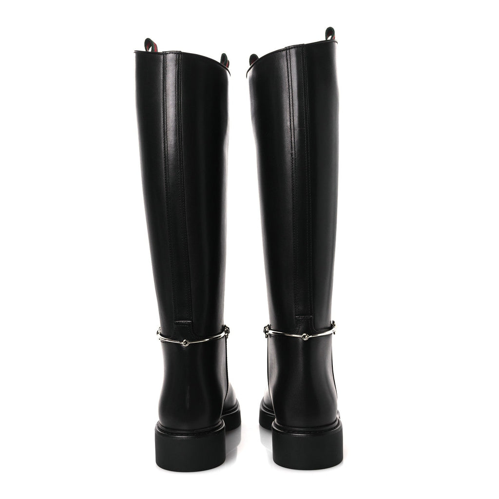 Gucci Shiny Calfskin Women's Michelangelo Slim Horsebit Riding Boots 38 Black