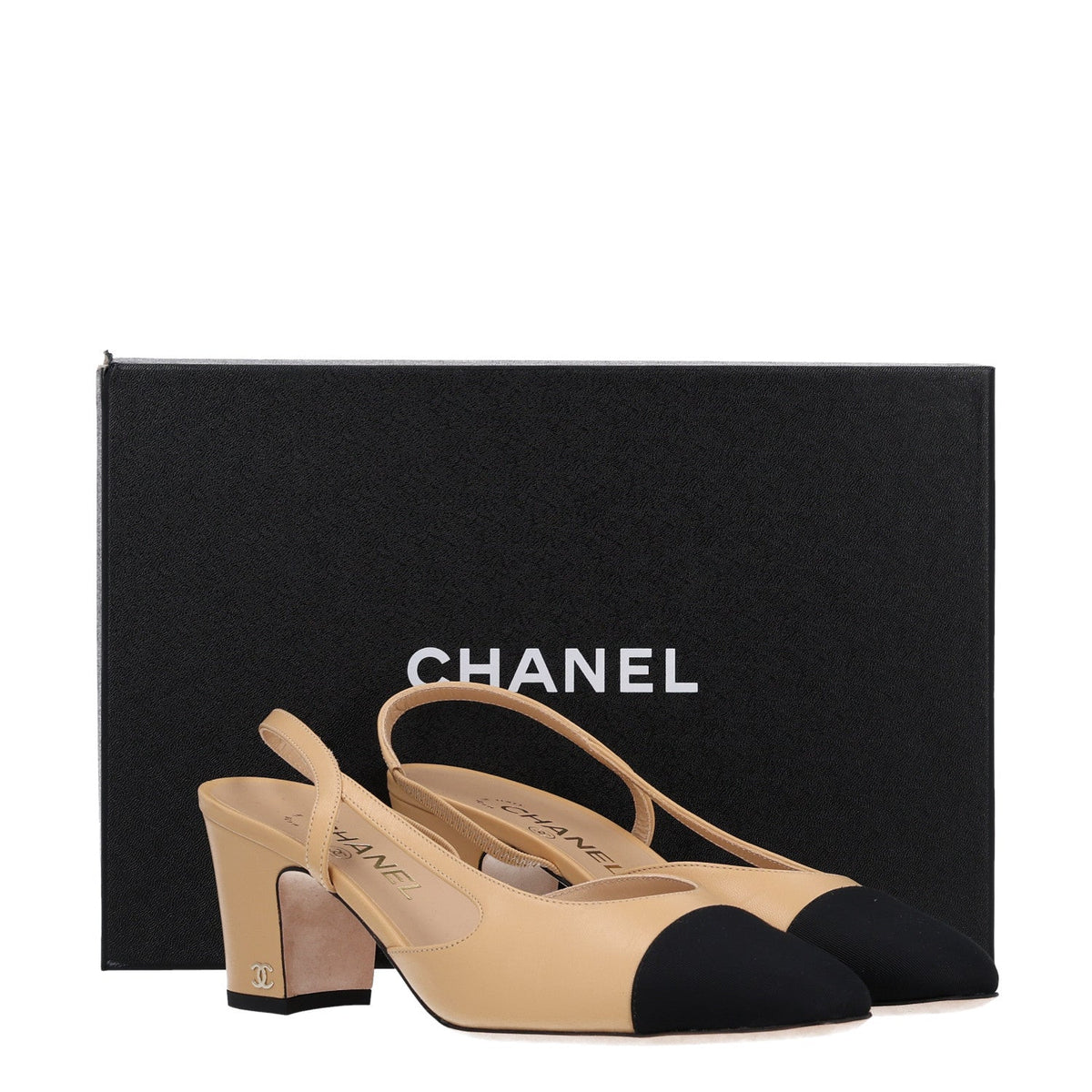 Chanel Goatskin Grosgrain Cap Toe CC Slingback Women's Pumps
