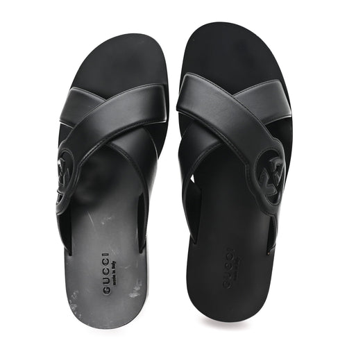 Gucci Cosmos Softy Calfskin Interlocking G Slide Sandals 12 Black