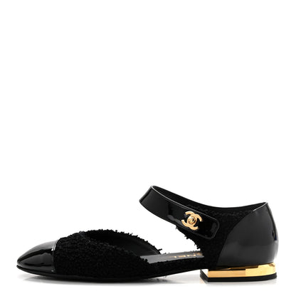 Chanel Tweed Patent Women's Cap Toe Ballerina Flats 37.5 Black