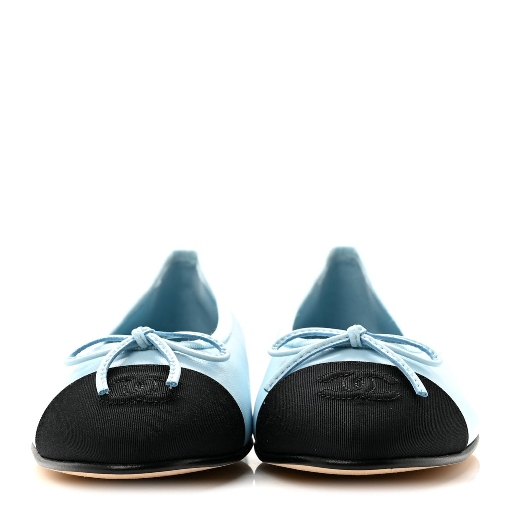 Chanel Lambskin Cap Toe CC Women's Ballerina Flats Light Blue Black