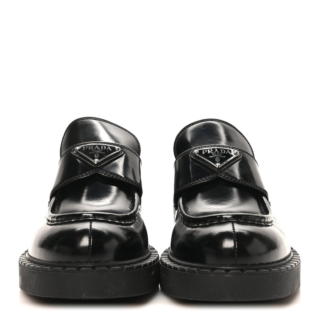 Prada Spazzolato Women's Triangle Logo 50mm Loafers 40 Black