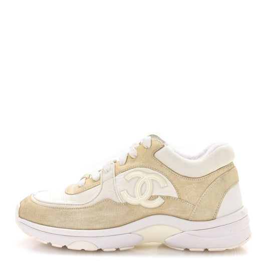 Chanel Suede Calfskin Fabric Women's CC Sneakers 37.5 White