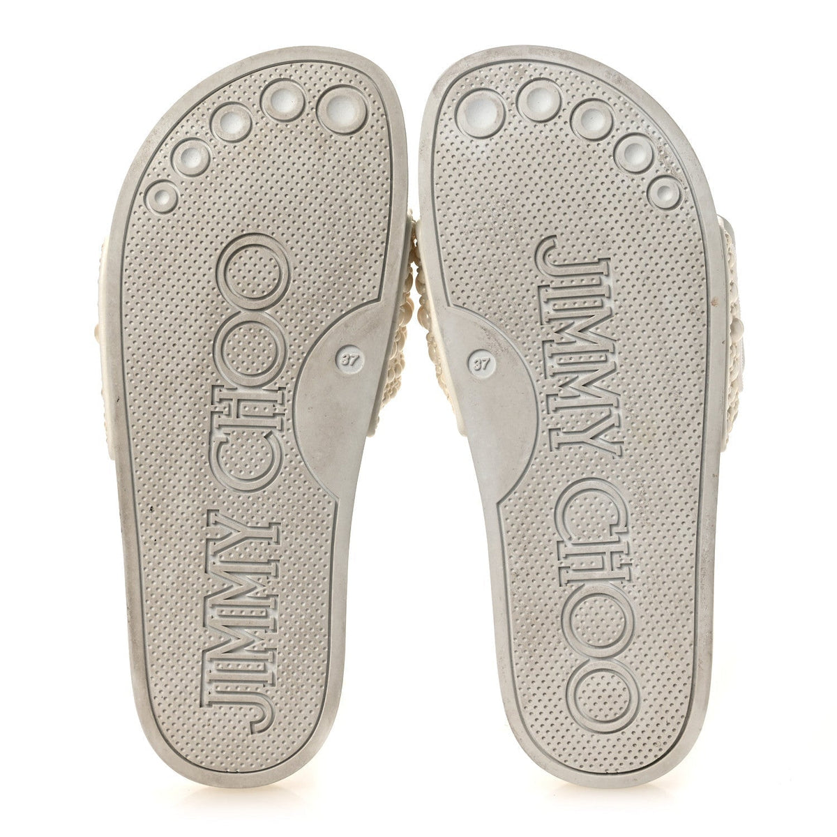 Jimmy Choo Canvas Rubber Women's Pearl Embellished Fitz Slide Sandals 37 White
