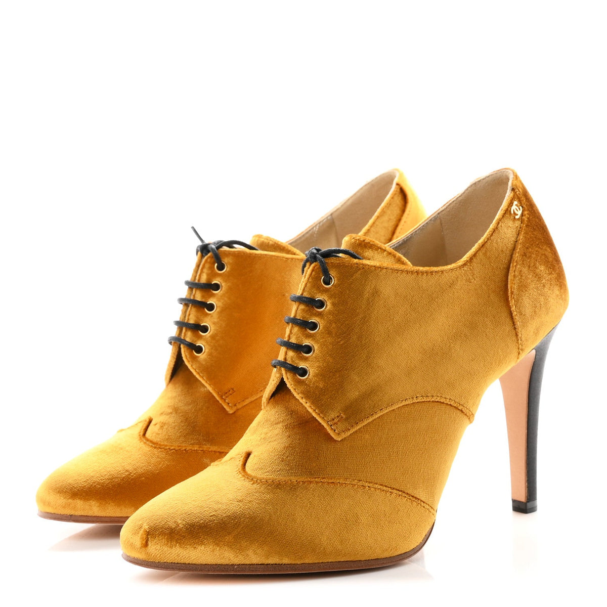 Chanel Velvet Women's CC Lace Up Ankle Boots 39 Gold