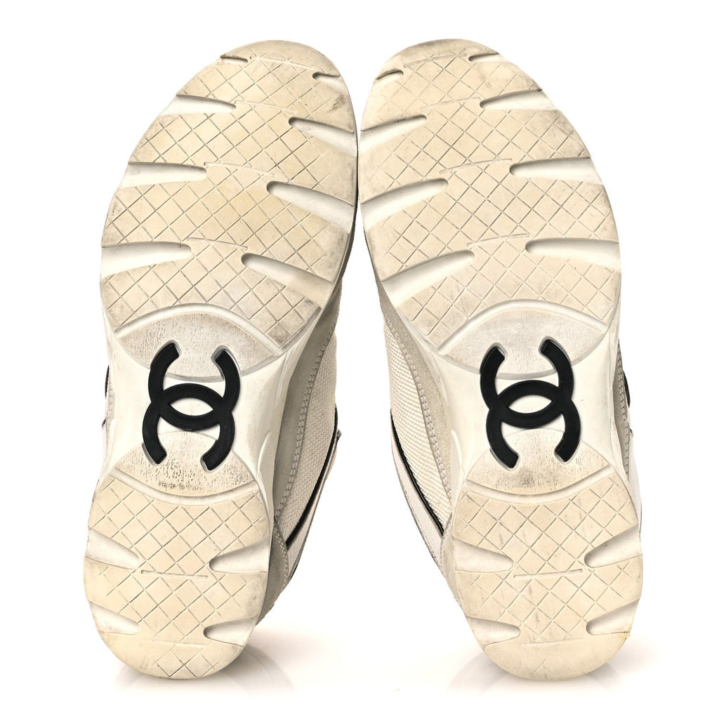 Chanel Mesh Suede Calfskin Women's CC Sneakers 37.5 White Black