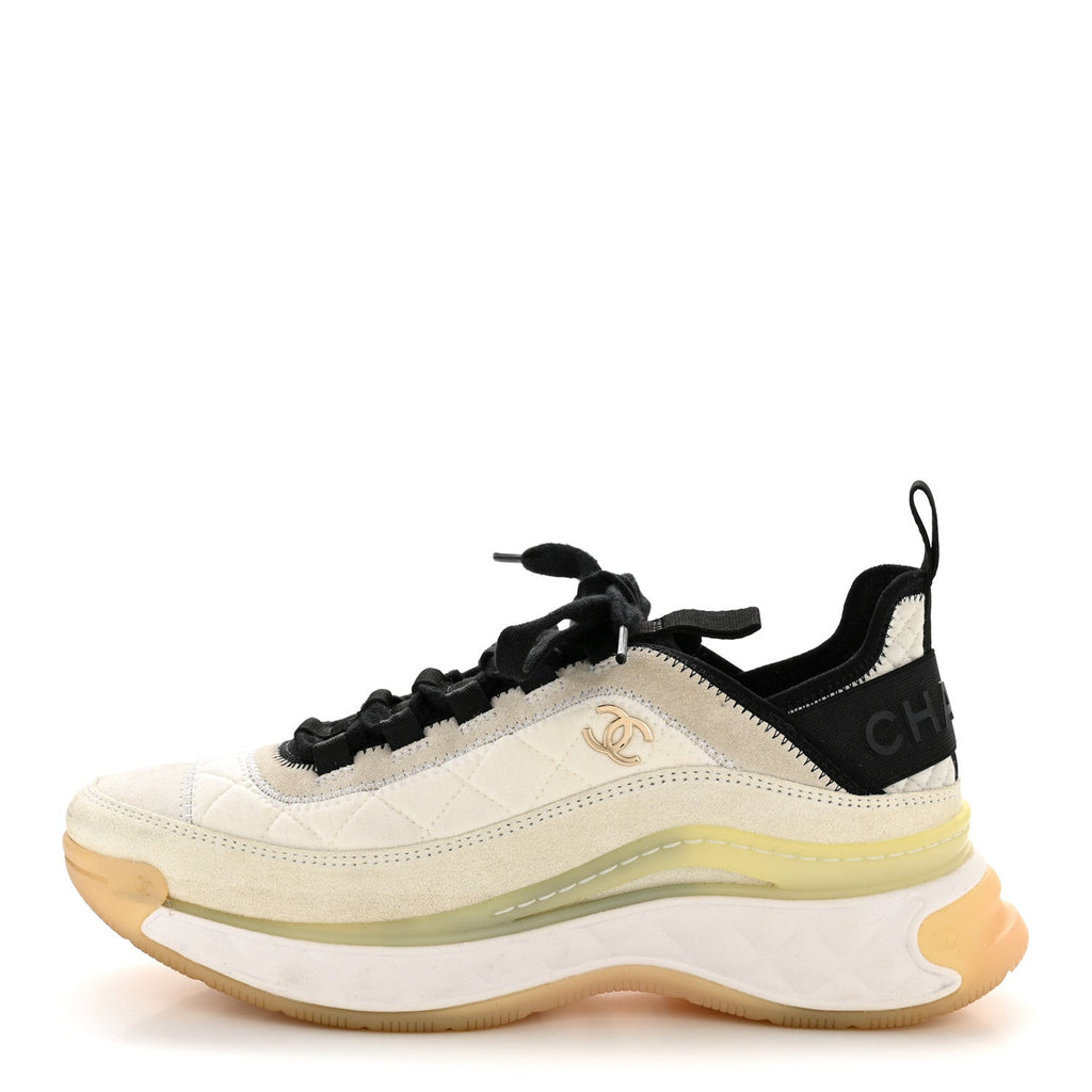 Chanel Fabric Suede Calfskin Women's CC Sneakers 37.5 White Ivory