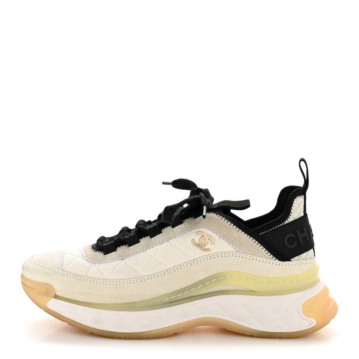 Chanel Fabric Suede Calfskin Women's CC Sneakers 37.5 White Ivory