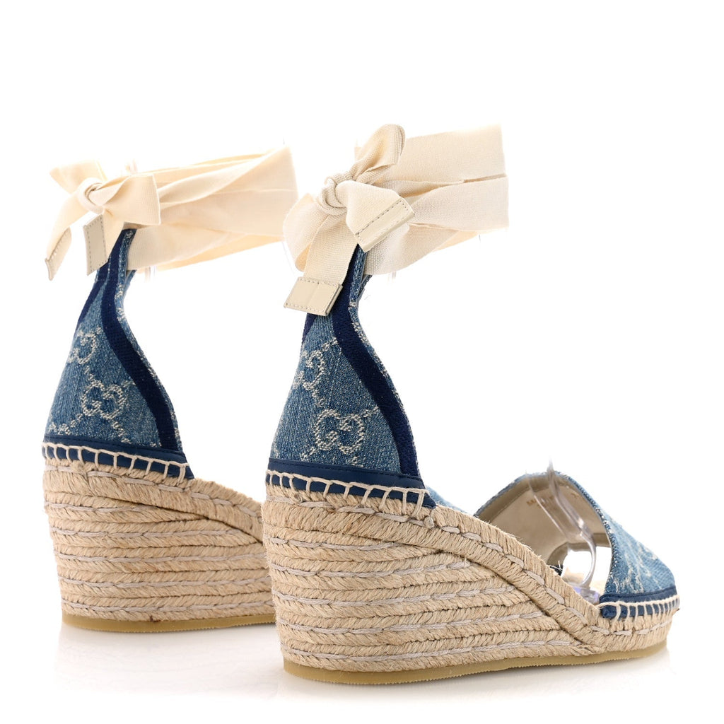 Gucci Denim GG Monogram Women's Pilar Espadrille Wedge Sandals 37 Light Blue