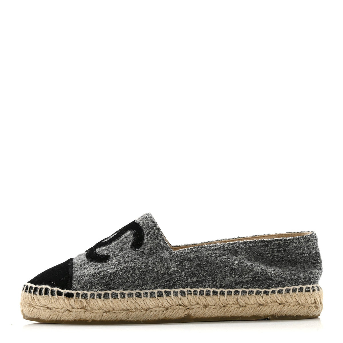 Chanel Tweed Velvet Women's CC Espadrilles 38 Grey Black
