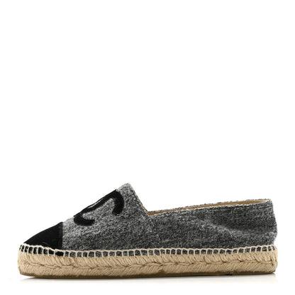 Chanel Tweed Velvet Women's CC Espadrilles 38 Grey Black