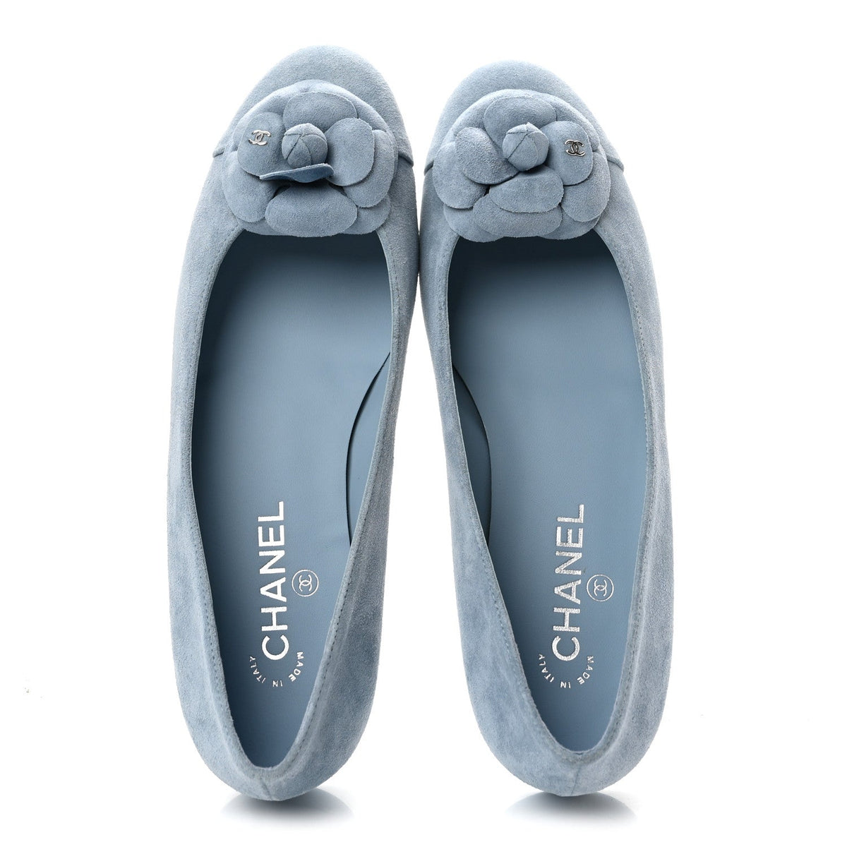 Chanel Suede Cap Toe Camellia Women's Ballerina Flats Light Blue