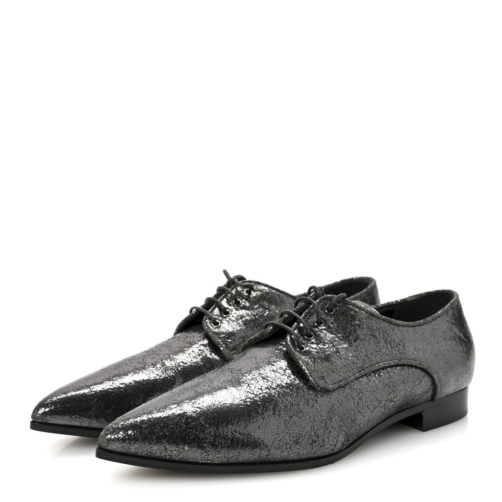 Miu Miu Crinkled Patent Women's Lace Up Oxford Flats 37.5 Dark Silver