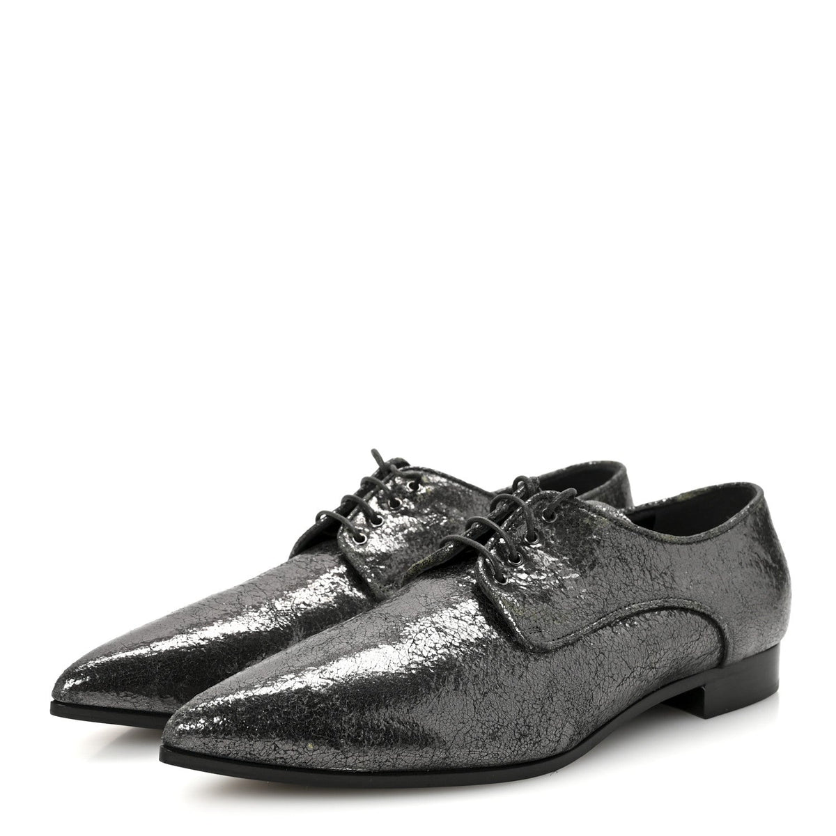 Miu Miu Crinkled Patent Women's Lace Up Oxford Flats 37.5 Dark Silver