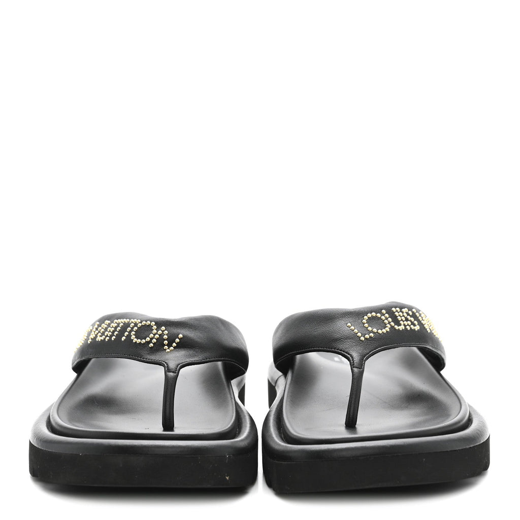 Louis Vuitton Calfskin Women's Logo Studded Pillow Flat Sandals 35 Black