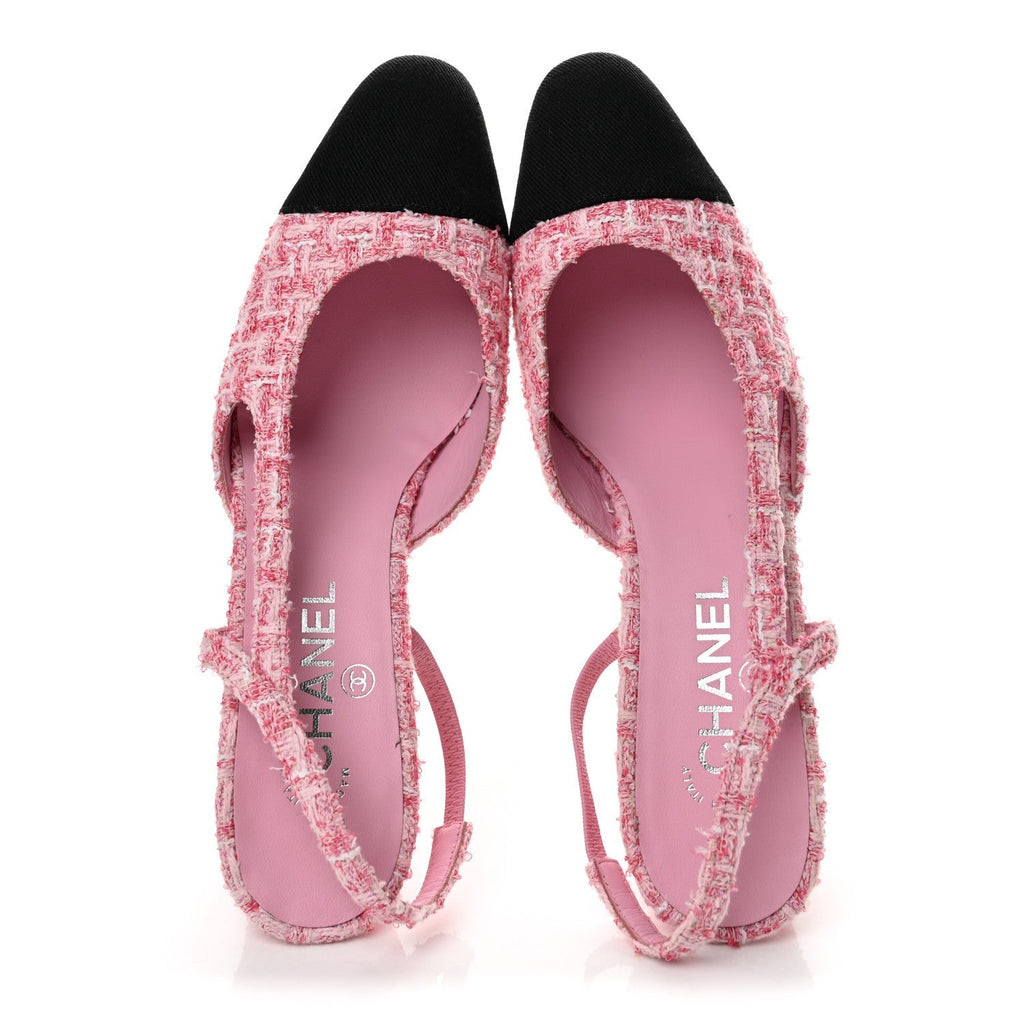 Chanel Tweed Grosgrain CC Women's Slingback Pumps 40 Pink Black