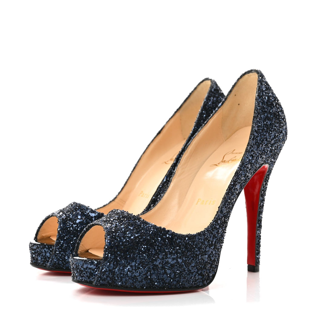 Christian Louboutin Glitter Leather Women's Very Prive 120 Pumps 37 Bleu Marine